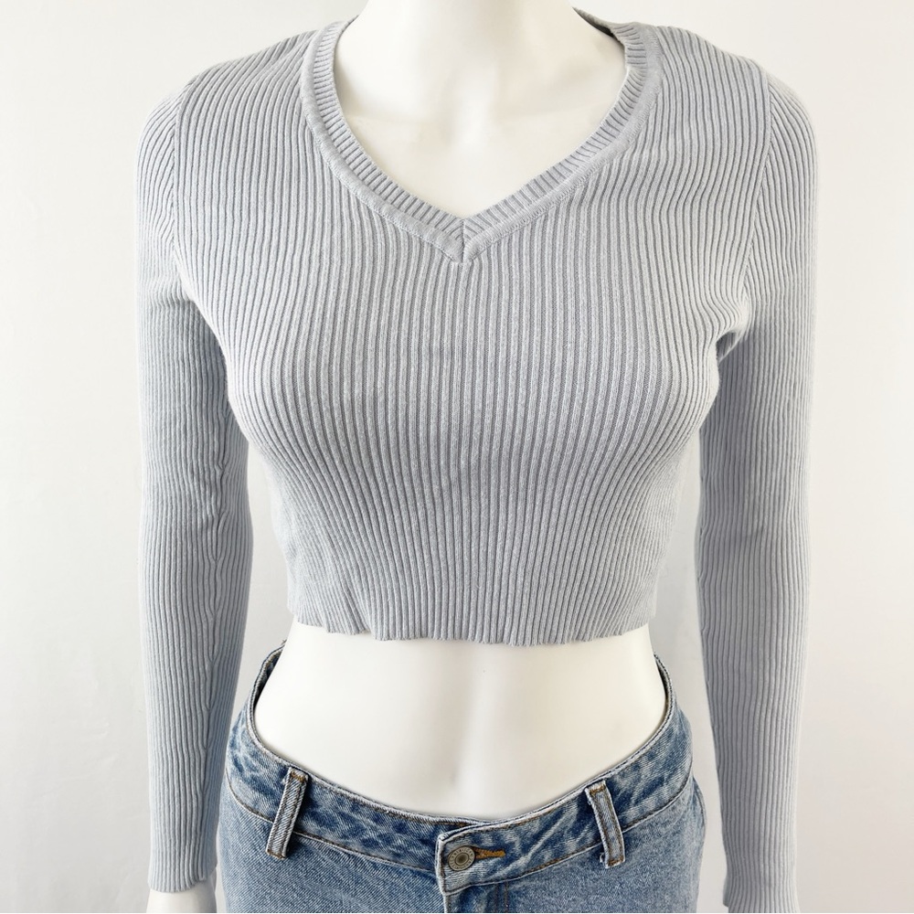 Brandy Melville Sweater Light Blue Cropped Long Sleeve V-Neck One Size - Picture 2 of 11